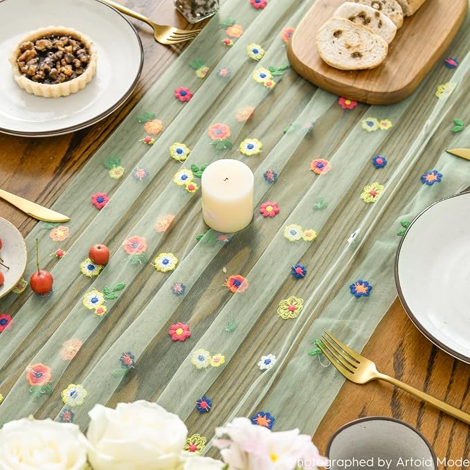 Artoid Mode 3PCS Sage Green Embroidery Daisy Gauze Table Runner 120 Inch | - Image 4