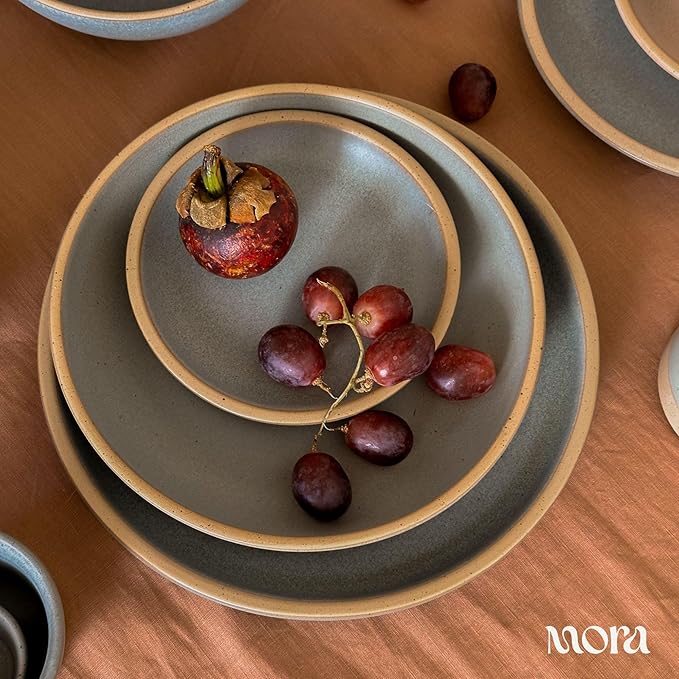 MORA Medium Plates Set of 4, 8.5 inch Ceramic Pottery Salad Plates - Microwave, Oven and Dishwasher Safe - Peppercorn