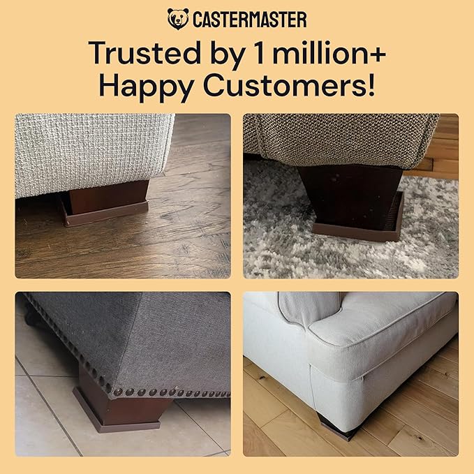 CasterMaster Non-Slip Furniture Pads for Hardwood Floors - 4" x 4" Brown Pack of 4 - Anti-Skid Rubber Caster Cups - Table Leg Protectors & Rubber Feet for Chairs