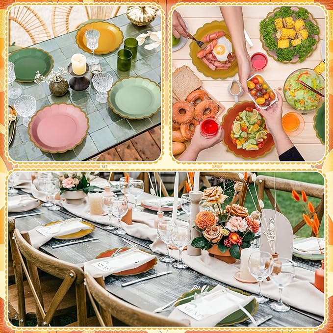 96 Pcs Fall Boho Paper Plates 9 Inch Gradient Scalloped Paper Disposable Dinner Dessert Plates for Birthday Wedding Bridal Party Supplies, 6 Colors
