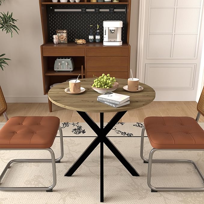 31.5" Small Round Dining Table for 2-4 People, Space Saving Circle Kitchen Dinner Table, Stable X-Legs Dining Room Desk for Kitchen, Apartment, Natural Oak