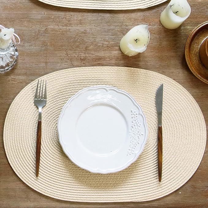 FunWheat Oval Braided Placemats Set of 4 Table Mats for Dining Tables Washable Heat Resistant Place Mats for Indoor Outdoor Use 12 x18 Inch(Oval Beige, 4pcs)