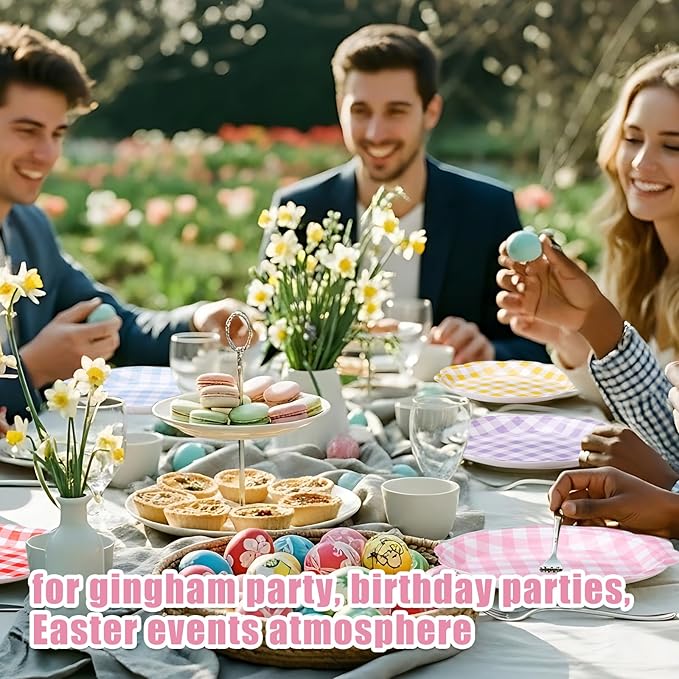 Umigy 120 Pcs Gingham Party Plates 7 Inch Colorful Paper Plates, Spring Gingham Disposable Decorative Tableware for Birthday Wedding Baby Shower Tea Party Bridal Shower
