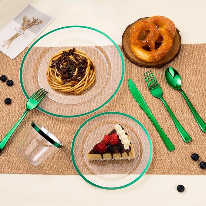 BESTSTAR 200PCS Green and Clear Plastic Plates, Green Disposable Plate Set with 100 Dinner Plates and 100 Dessert Plate for Party, St. Patrick's Day