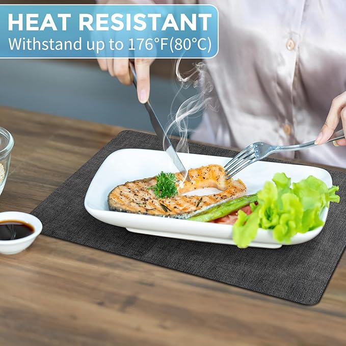 Placemats Set of 6 Washable, Heat Resistant Table Placemats Wipeable Faux Leather Place Mats Non Slip, Waterproof Square Table Mats for Indoor Outdoor, Charcoal Gray