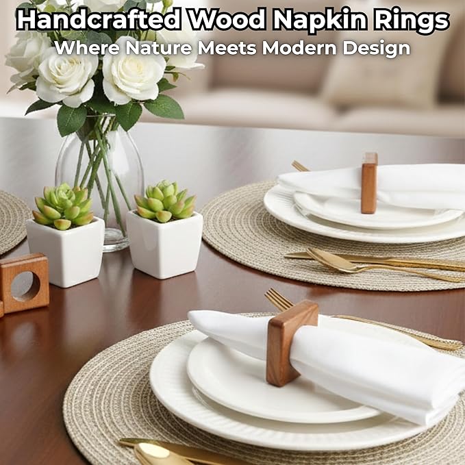 CLEENTABLE Wooden Napkin Rings Set of 12 Fall Decor for Home Square Acacia Wood Napkin Holders for Dining Table Settings Wood Napkin Ring Rustic Table Décor for Weddings, Parties, and Everyday Use