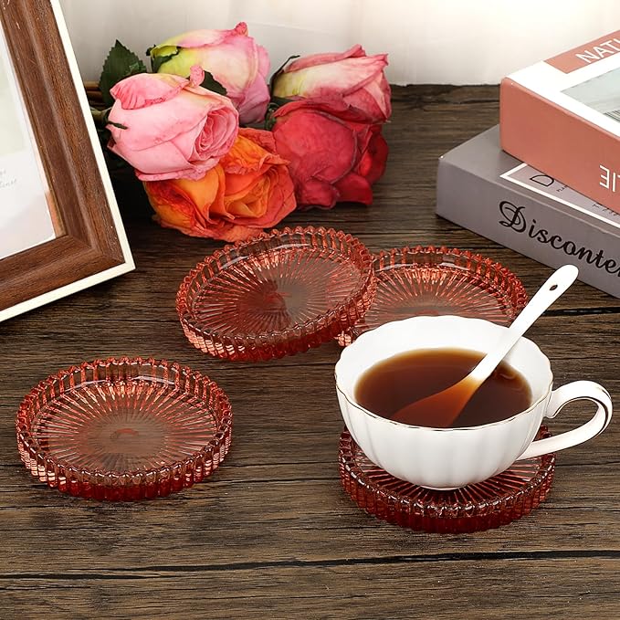 JUXYES 8 Pack Clear Red Crystal Coasters Round Cup Mat, Glass Coasters for Drinks Coffee Tea Wine, Decorative Wine Bottle Coaster, Crystal Drink Coasters for Restaurant bar Kitchen Dining Table