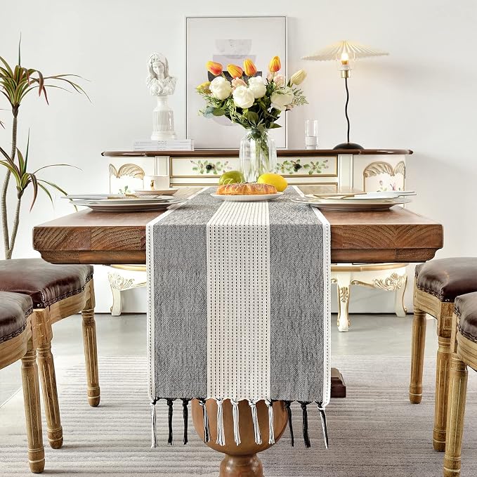 Wracra Linen Table Runner, Stripe Table Runners 48 Inches Long Black | Delicate - Image 4