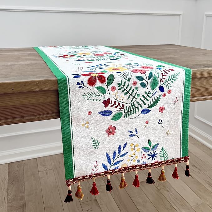Floral Table Runner with Tassel Edges, Cotton Blend Decorative Runner by QGENUINE