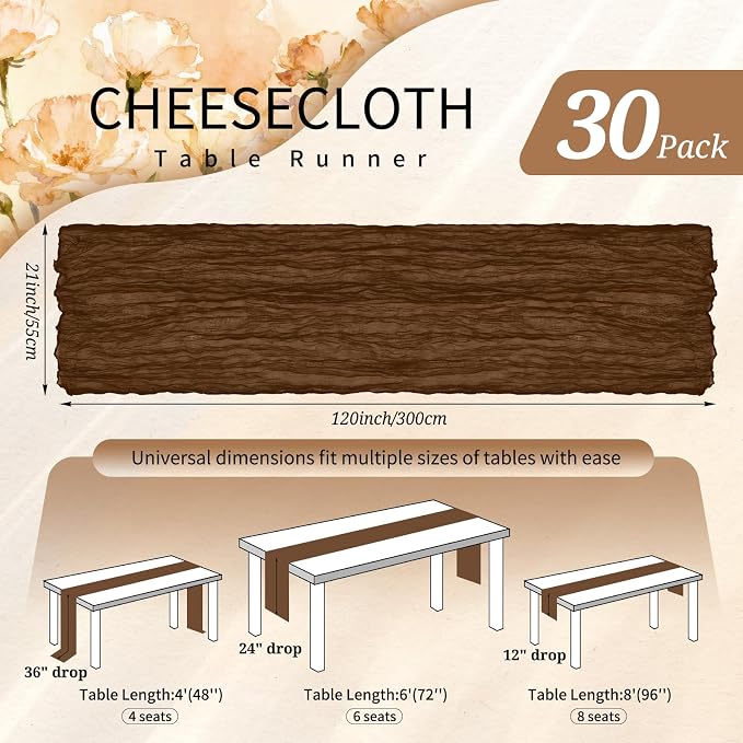 30 Pack Cheesecloth Table Runner 10FT Brown Table Runner Boho Gauze Cheese - Image 2