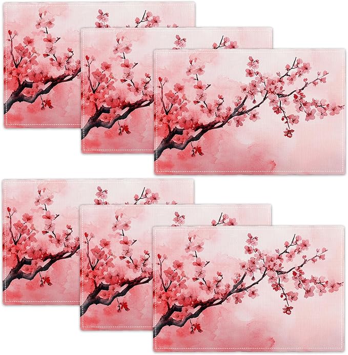 Japanese Cherry Blossom Placemats Set of 6, Pink Sakura Floral Place Mats, Flower Waterproof Washable Table Mats for Home Party Indoor Kitchen Dining Table Decoration 12x18 Inch