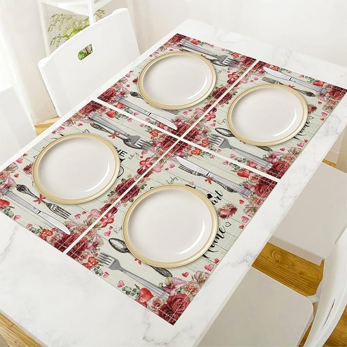 Retro Farmhouse Placemat Set, Romantic Pink Rose Floral Rural Plank Art Sketch Cutlery Knife Fork Inspirational Quotes Pattern Home Decor Linen Table Mats for Dining Room Kitchen Party (17x12in) x4P