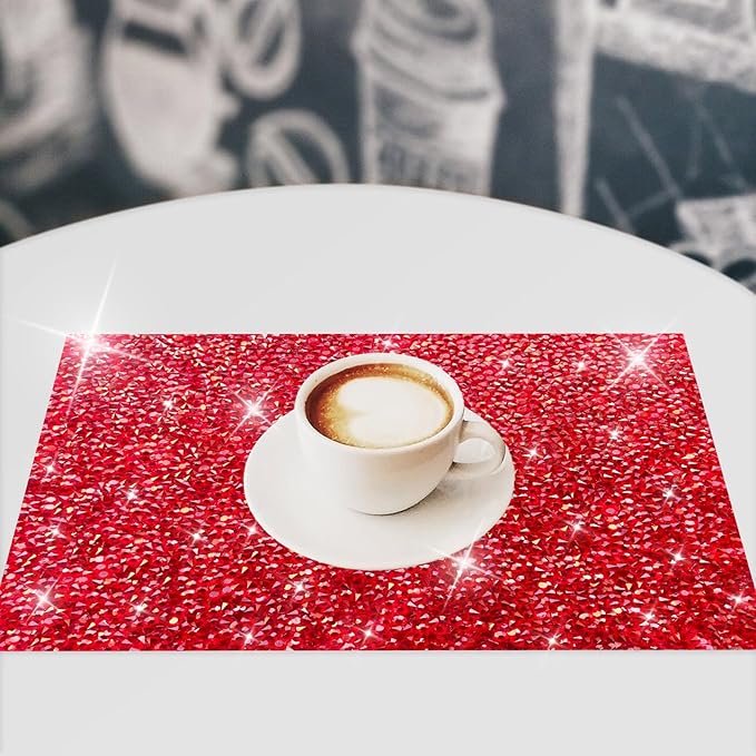 Red Sparkly Rhinestone Decor Square Placemats - Heat Resistant Mat Set of 2
