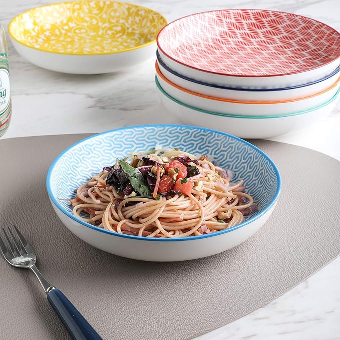 Selamica Porcelain Salad Pasta Bowls, Serving bowls - 26 Ounce, Set of 6, Assorted Colors