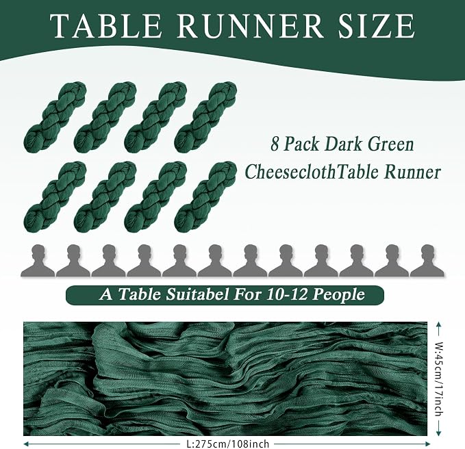 8 Pack Emerald Green Cheesecloth Table Runner 17x108 inch | Boho Gauze Cheese - Image 3
