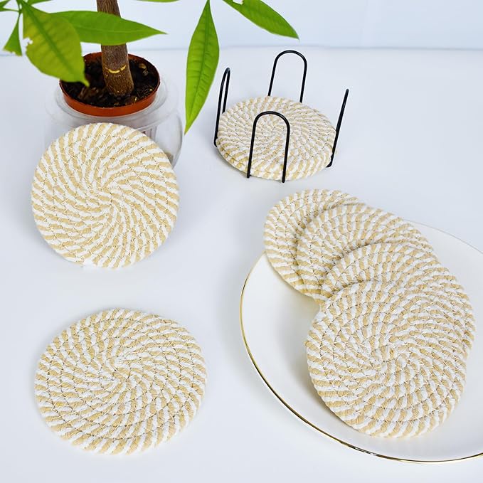 ABenkle 8 Pcs Drink Coasters with Holder, Cotton Woven Absorbent Coasters for Drinks, Minimalist Home Decor Coaster Set for Wooden Tabletop Protection Table, 4.3 inches White Khaki Stripes