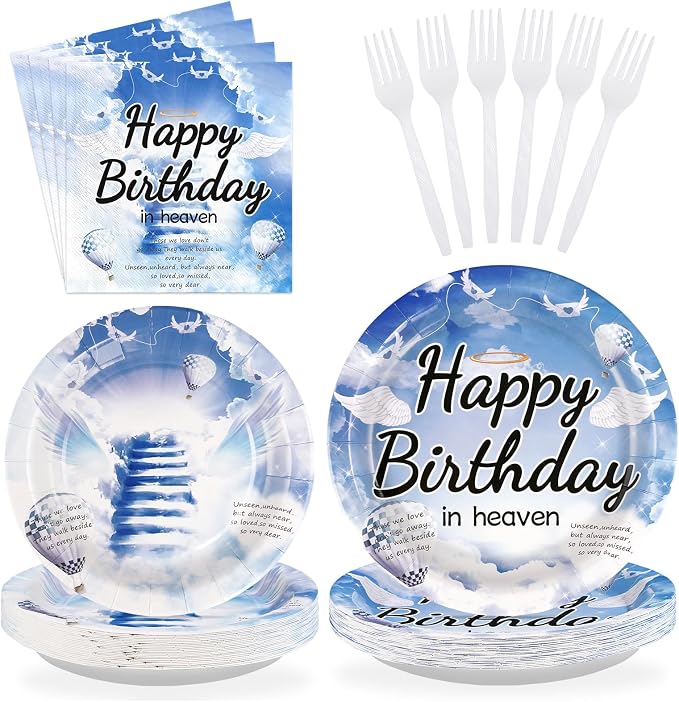 96 Pcs Happy Birthday in Heaven Party Decorations, Serves 24 | Funeral by Greencian