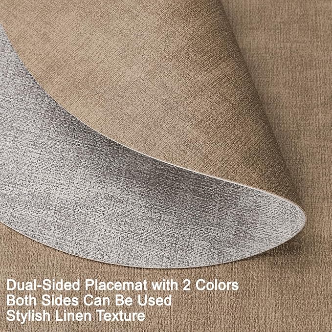Myir JUN Reversible Vinyl Round Placemats Set of 8, Faux Leather Place Mats Dual Sided Waterproof Oilproof Wipeable, Heat-Resistant Table Mats for Kitchen Dining Indoor Outdoor (14", Light Gray Beige)