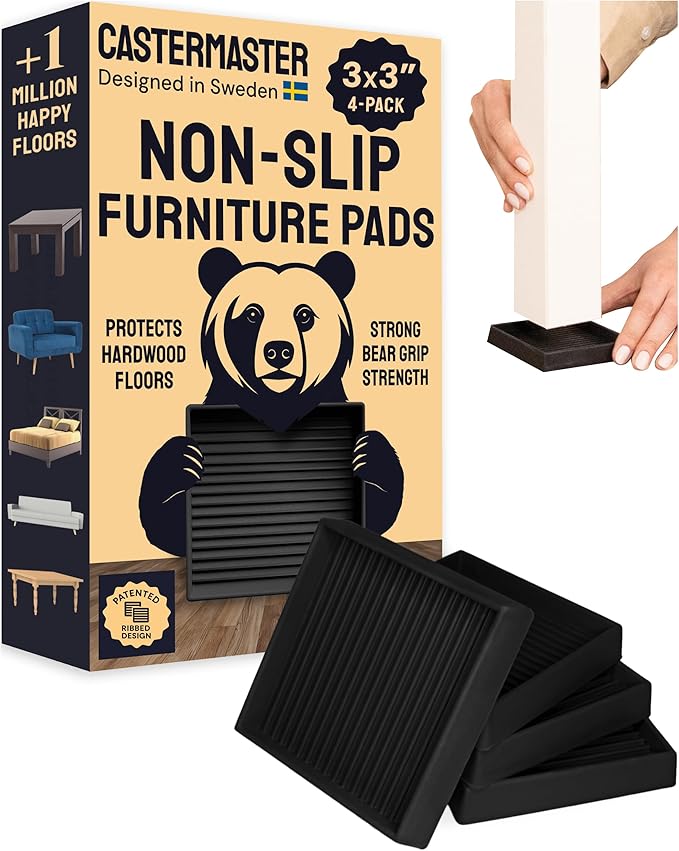 CasterMaster Square Rubber Caster Cups - Black, 3" x 3", Pack of 4 - Furniture Sliders for Hardwood Floors - Noise-Dampening Rubber Feet - Floor Protectors for Furniture