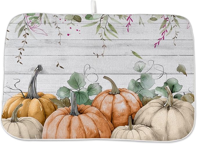 Fall Pumpkin Dish Drying Mat for Kitchen Counter 18x24 Thanksgiving Watercolors by Unknown