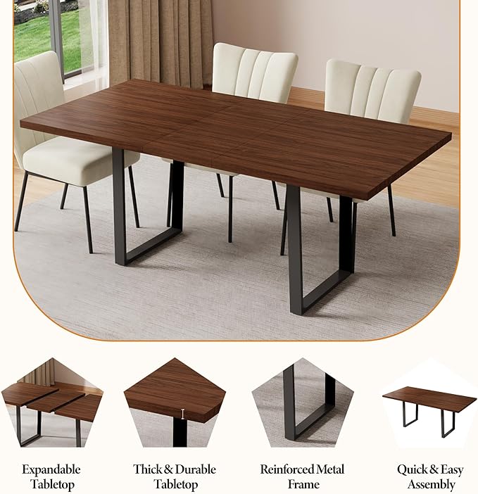 ZckyCine 63"-79" Modern Dining Table Set for 6-8 People Kitchen Dining Room Table Set Extendable Wood Dining Table and 6 Upholstered Chairs, Home Kitchen Furniture