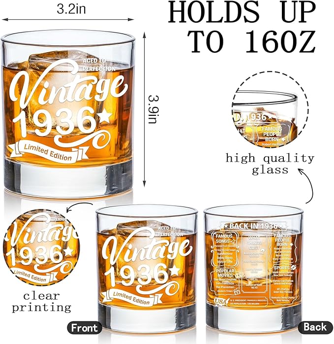 Old Fashioned Glasses-1936-Vintage 1936 old time information 10.25oz Whiskey Rocks Glass -90th Birthday Aged to Perfection - 90 years old gifts Bourbon Scotch Lowball Old Fashioned-1PACK