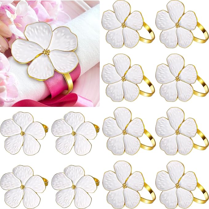 Patelai Set of 12 White Flower Napkin Rings Bulk Gold Napkin Ring Holders | by Patelai