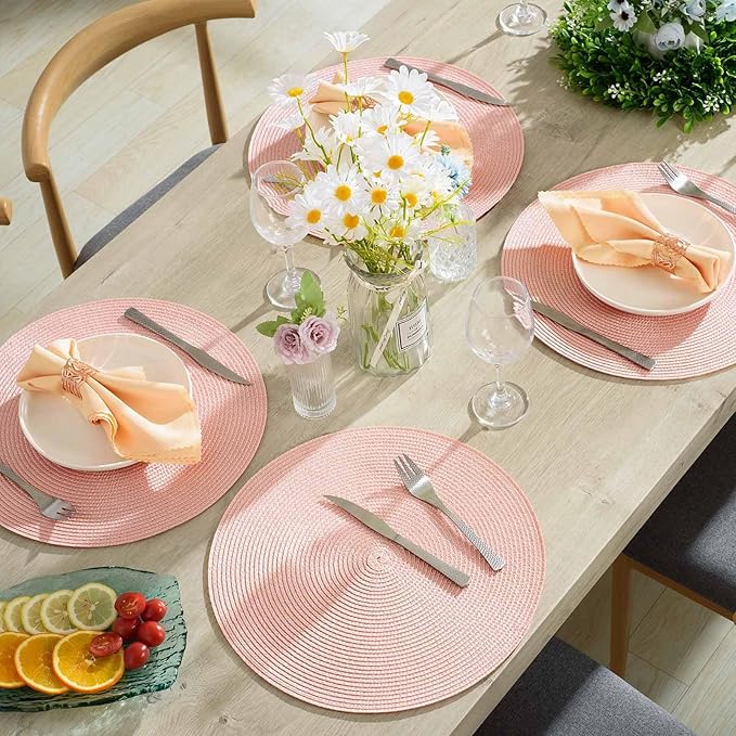 AHHFSMEI Round Braided Placemats 15 Inch Round Table Mats for Dining Tables Natural Woven Heat Resistant Place mats Set of 6 (Pink)