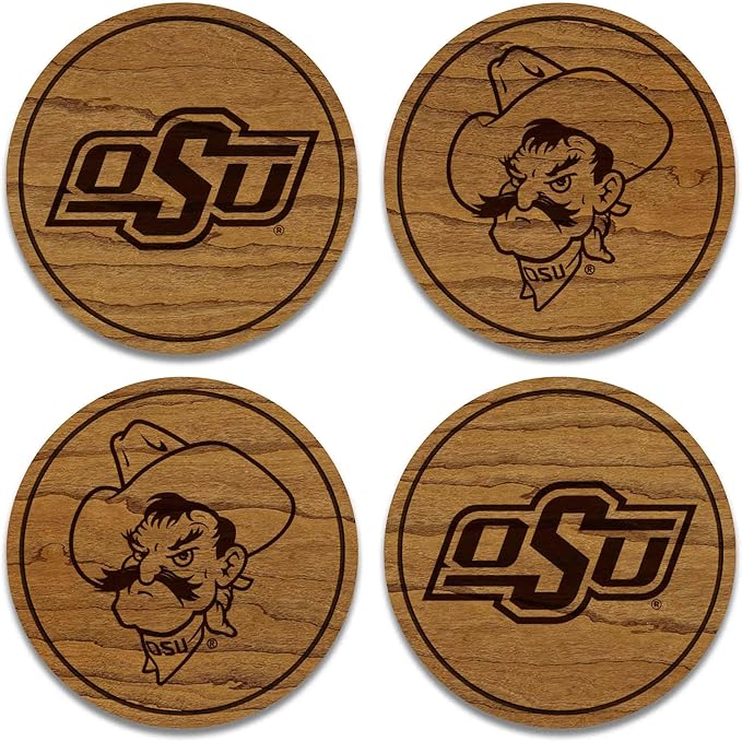 LazerEdge Oklahoma State Cowboys Wooden Coaster Set - Cherry Wood - Officially Licensed Product - 4-Pack