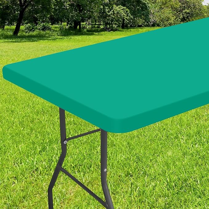 Smiry Rectangle Tablecloth, Elastic Fitted Flannel Backed Vinyl Tablecloths for 8ft Folding Tables, Waterproof Wipeable Table Covers for Indoor, Outdoor, Camping and Picnic (Green, 30"x96")