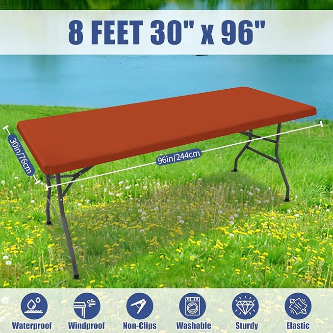 Spandex 8 Foot Rectangle Thanksgiving Table Cloth 2 Pack, Elastic Fitted Tablecloths for Picnic, Stretch Washable Patio Table Cover for Outdoor, Camping, Banquet and Parties (Rust, 30"x96")