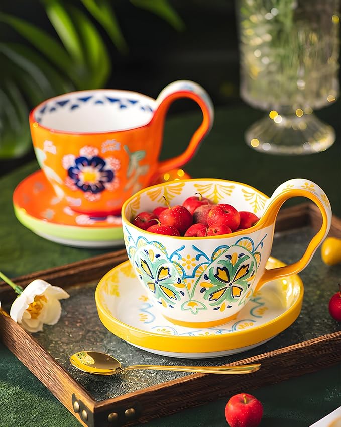 25oz Ceramic Soup Bowl with Handle – Handcrafted Floral Pottery Cereal & Ramen Bowl – Large Microwave & Dishwasher Safe Decorative Bowl for Everyday Use or Gift (Amalfi Bloom, 20oz)