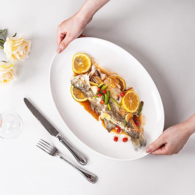 Serving Platters Set of 2 – 14 Inch Oval White Serving Platters, Large Porcelain Serving Platter Set for Party, Appetizers, Charcuterie, Sushi & Dessert, Microwave & Dishwasher Safe