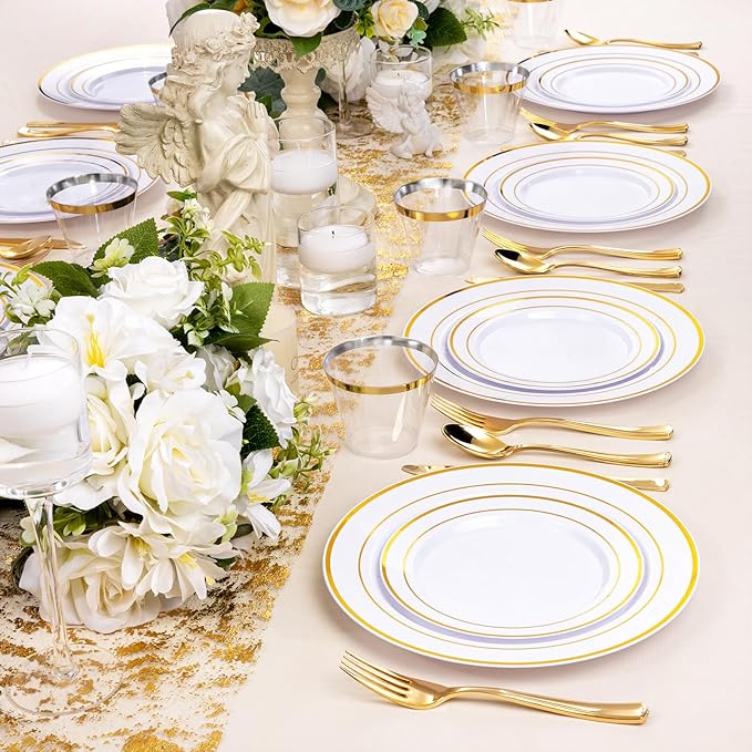 bUCLA 300PCS Gold Disposable Dinnerware Set - White and Gold Plastic Plates - Include 50 Each (Dinner&Dessert) Plates,50 Knives,50 Forks,50 Spoons,50 Cups for Party