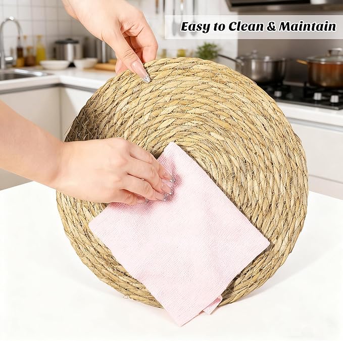 Elcoho 20 Pieces Round Woven Placemats 12 Inch Boho Rattan Placemats Farmhouse Braided Place Mats Woven Plate Chargers Rustic Wicker Table Mats for Dining Table