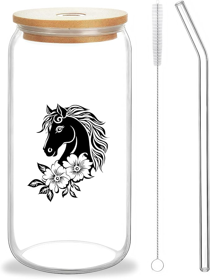 Cute Horse Glass Cup With Lids And Straws, Horse Gift For Women, Iced, Coffee, Smoothie, Cocktail, Beer, Whiskey, Soda, Matcha,16 Oz, Home Office Table Desk Decoration!