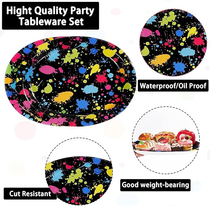 Grencian 50Pcs Neon Party Supplies 10" X 12" Large Heavy Duty Neon Glow Oval Paper Plates Colorful Graffiti Birthday Decorations for Baby Shower Birthday Glow in the Dark Theme Parties