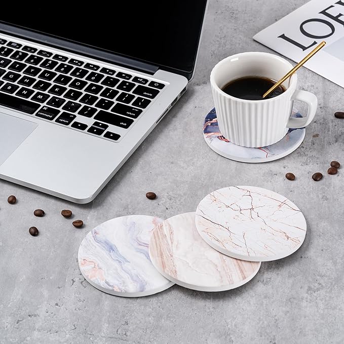 Hoewina 6Pcs Drink Coasters with Holder, Marble Style Ceramic Drink Coaster, Absorbent Coasters Set Suitable for Kinds of Cups, Modern Style Coasters for Coffee Table, 4 Inches（Natural）