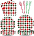 96 Pieces Christmas Plaid Tableware Set – Red and Green Checkered Disposable by GistomeHome