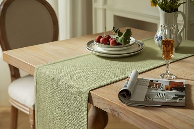Burlap Style Farmhouse Table Runner, 14x60 Inches Light Sage Green | Thick - Image 4