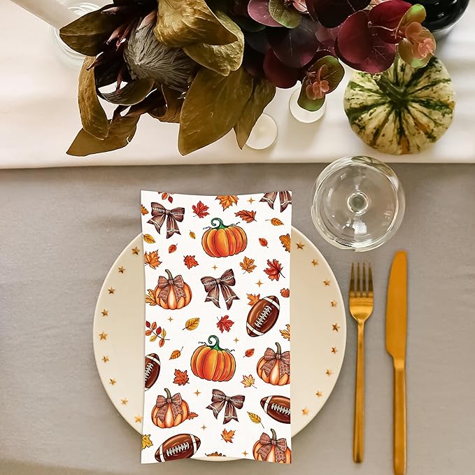 Fall Football Pumpkin Napkin - 100 Pcs Maple Leaves Pumpkin Rugby Decorative Cocktail Napkins Set, Autumn Sports Game Day Disposable Paper Hand Towels, Thanksgiving Party Decorations Supplies