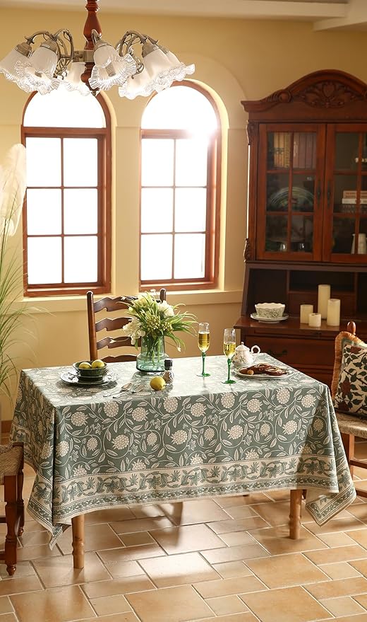 ISAENNE Designer Grayish Green Linen Extra Long Tablecloth Rectangle,Floral Stain Resistant Table Cloth,Fall Vintage Decor Tablecloths for Dining Thanksgiving Kitchen,67"*118"-Andrew A