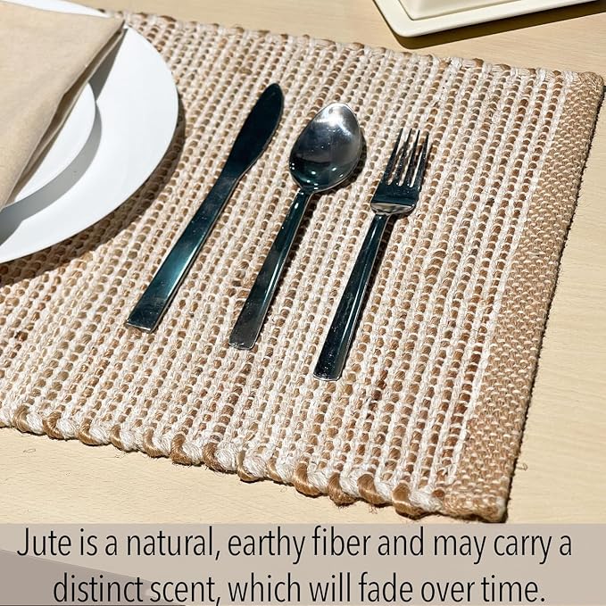 Natural Jute and Ivory Placemats, 13x19 Inch Dining Table Placemats - Image 3