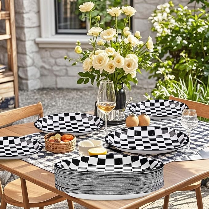 Grencian 50Pcs Black & White Gingham Oval Paper Plates Checkered Party Plates 10" X 12" Disposable 400GSM Race Car Dessert Dinnerware for Racing Car Party Supplies Birthday Baby Shower Decorations