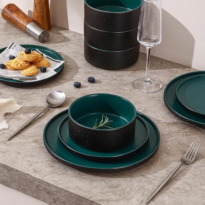 GZG Ceramic Dinner Plates Set of 4,10 Inch Stoneware plate Set,Microwave and Dishwasher Safe Kitchen Utensils,Stackable,Scratch Resistant (Dark Green)