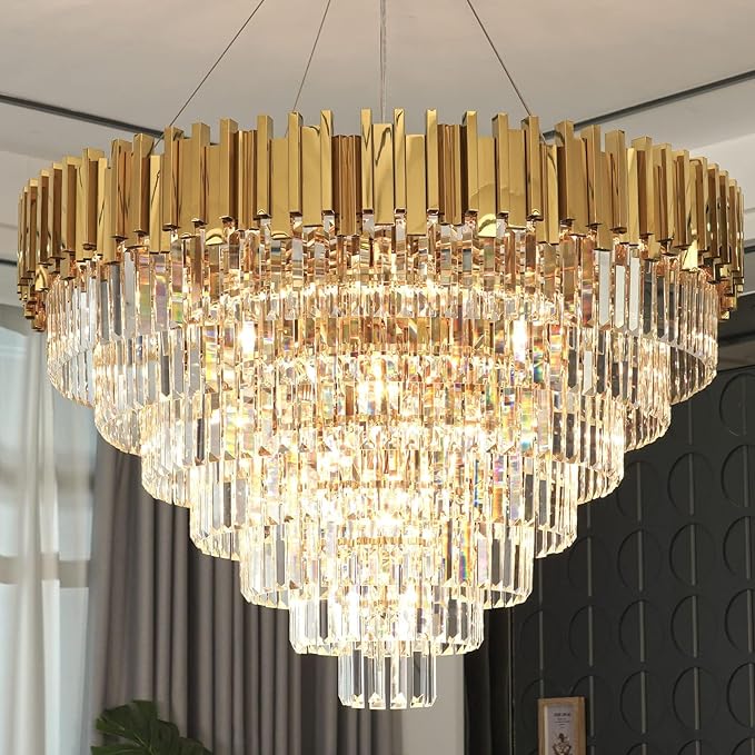 Modern Crystal Chandelier for Living Dining Room Entryway Gold Round W39.4