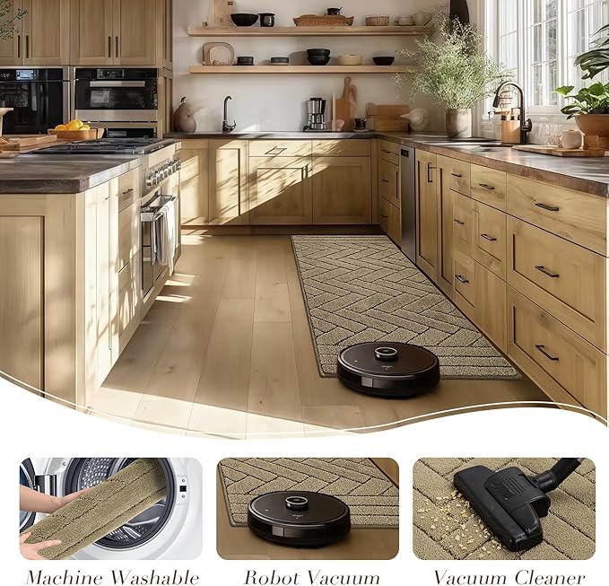 Kitchen Rugs,24" x 59" Non Slip Kitchen Mats for Floor-Thick Stain Resistant Kitchen Floor Mat Runner Carpet for Hallways Entryway Laundry Room Washable(Tan)