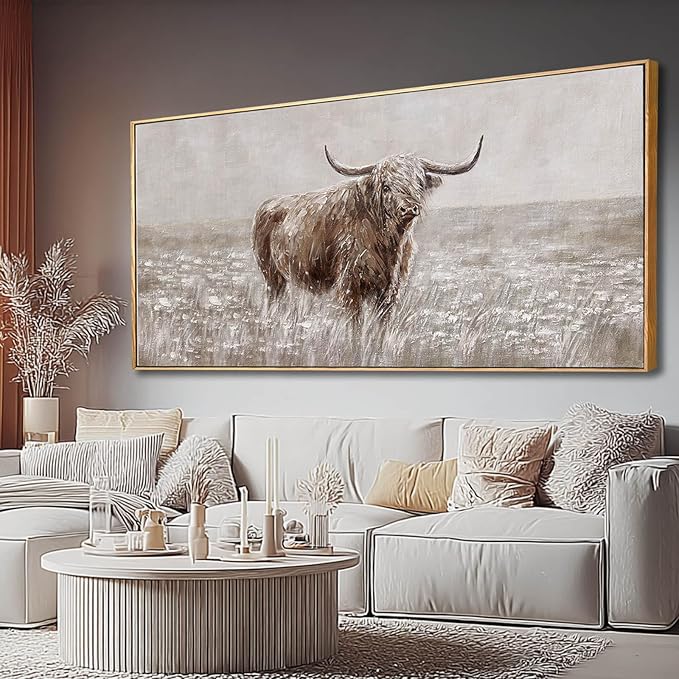 MLART99 Rustic Highland Cow Canvas Vintage Animal Print Brown Ox Wall Art Extra large Artwork- 32x70 Inch Decorative Piece for Country Style Home Decor for Living Room Entryway