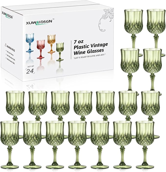 XUWAIDSGN 24 Pcs 7oz Plastic Vintage Wine Glasses Drinking Glasses Unbreakable by XUWAIDSGN