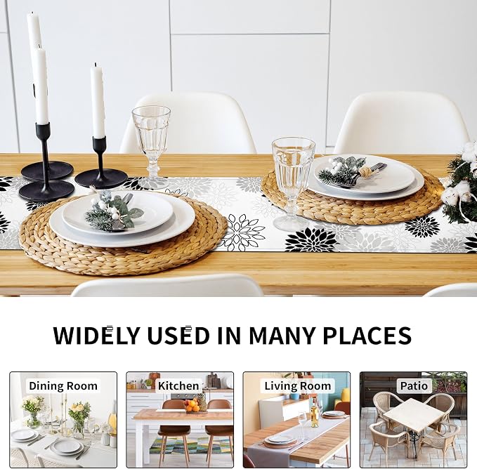 Dahlia Flower Table Runner 13x90 Inch Farmhouse Blue Gray Runners Modern Table - Image 3